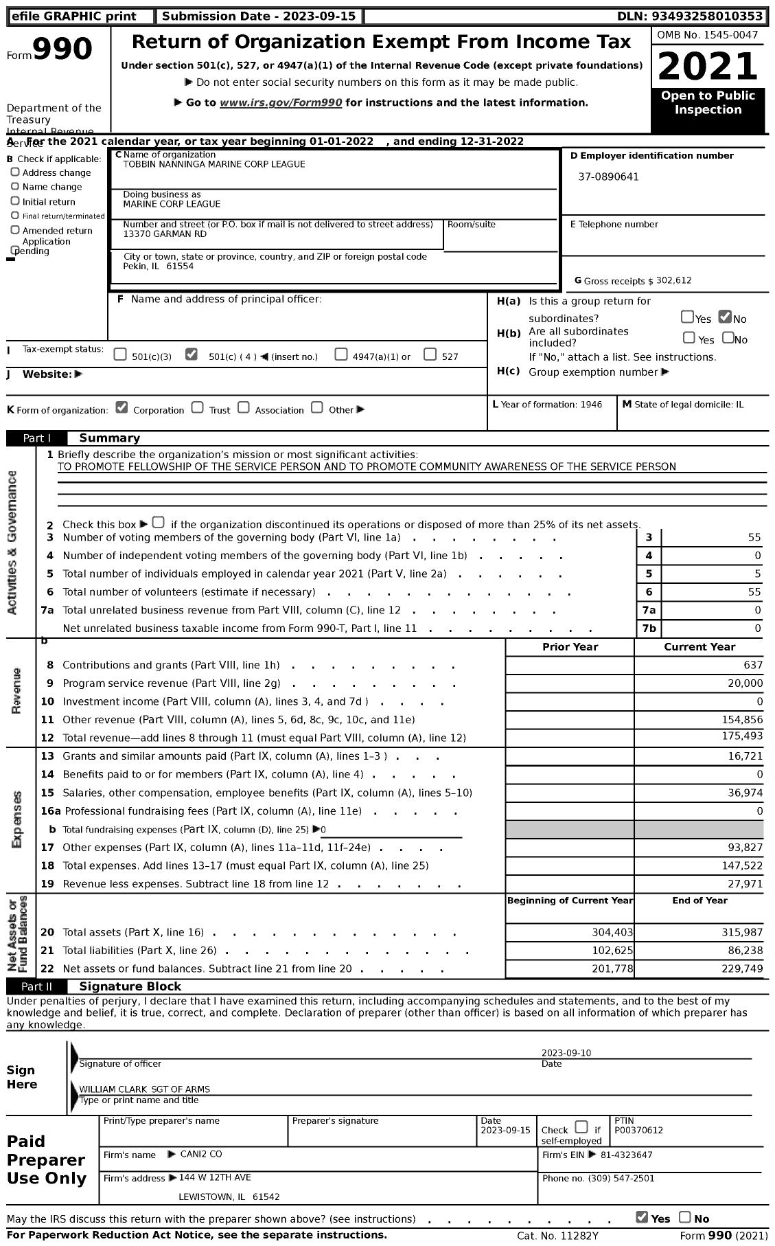 Image of first page of 2022 Form 990 for Marine Corps League - Tobbin Nanninga Marine Corp League