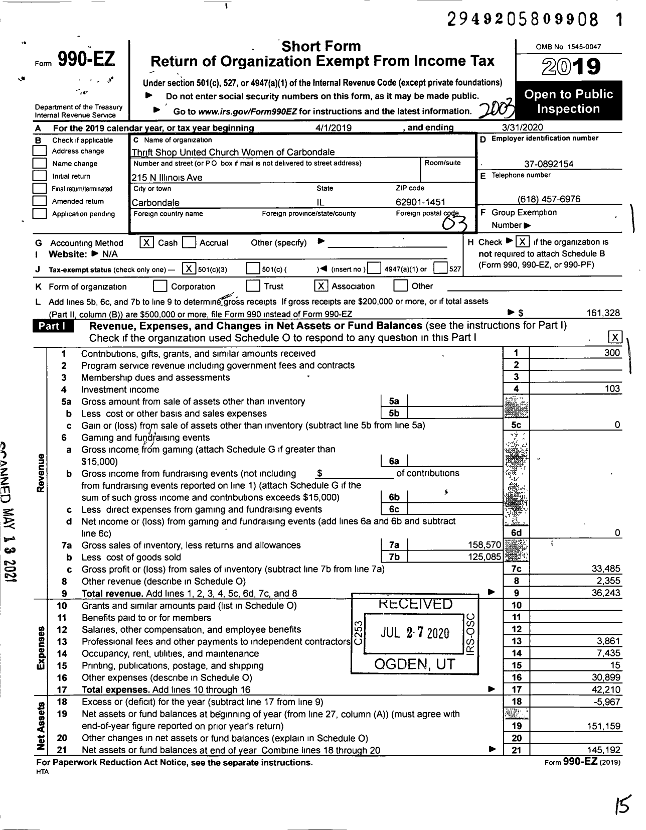 Image of first page of 2019 Form 990EZ for Thrift Shop United Church Women of Carbondale