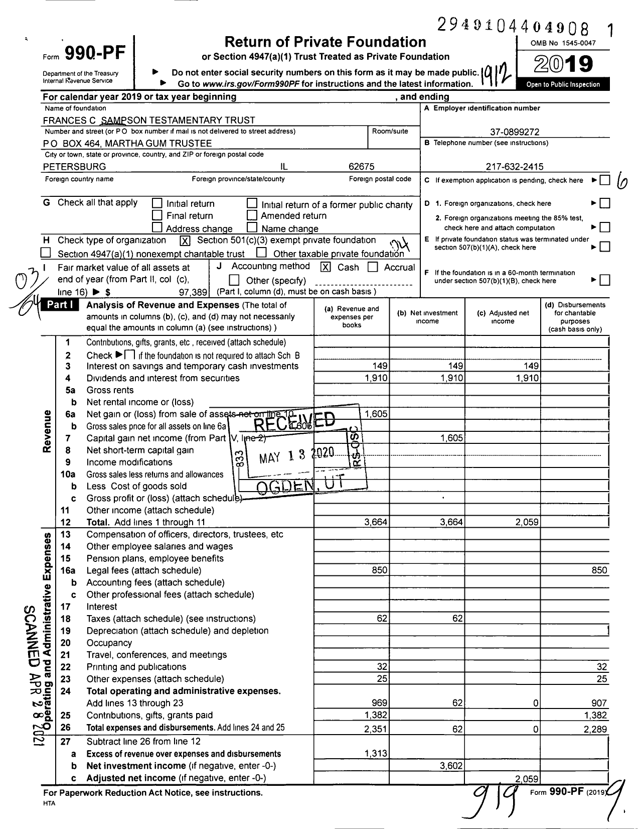 Image of first page of 2019 Form 990PF for Frances C Sampson Testamentary Trust