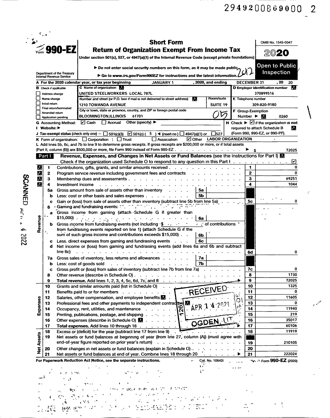 Image of first page of 2020 Form 990EO for United Steelworkers - 00787L Local