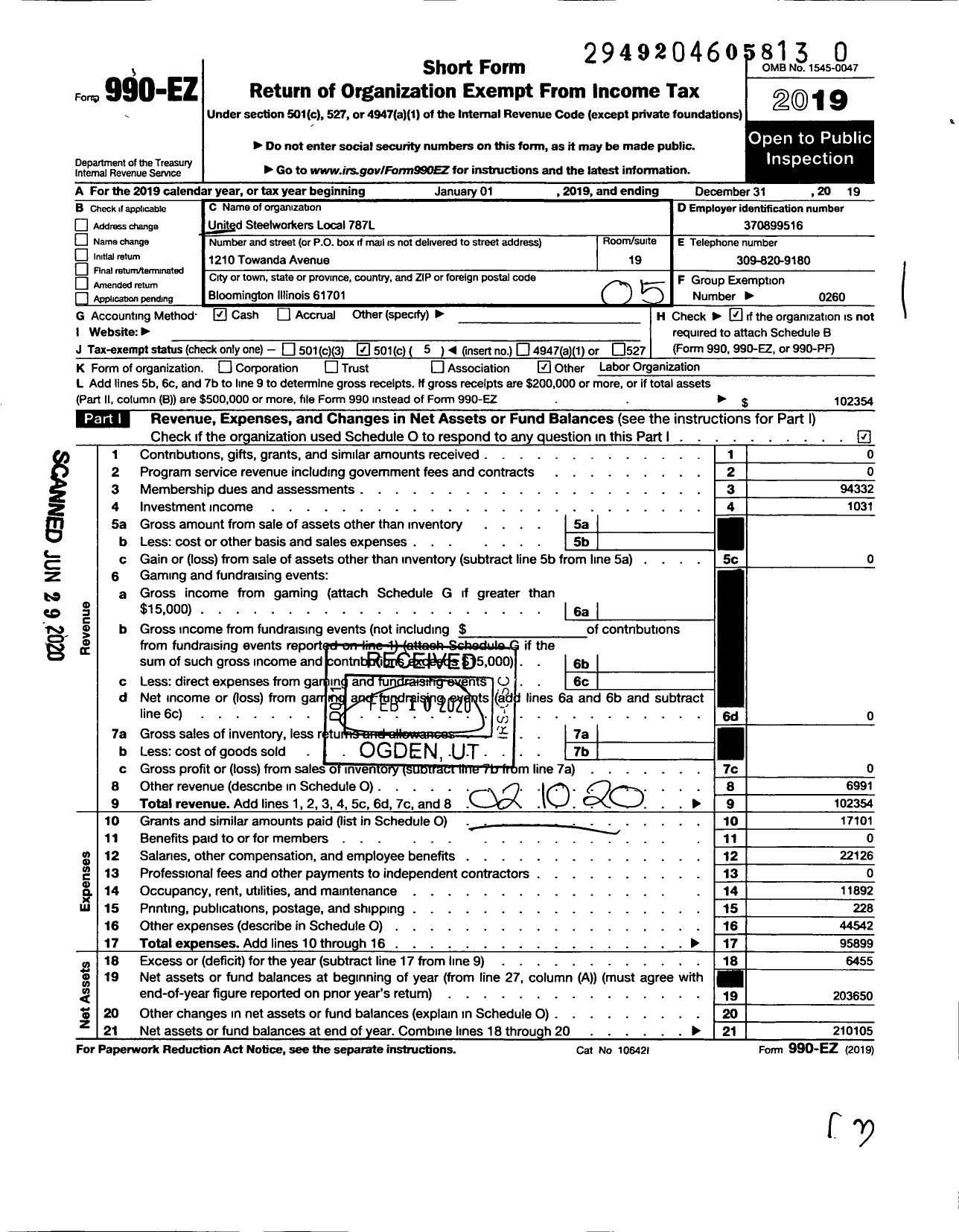 Image of first page of 2019 Form 990EO for United Steelworkers - 00787L Local