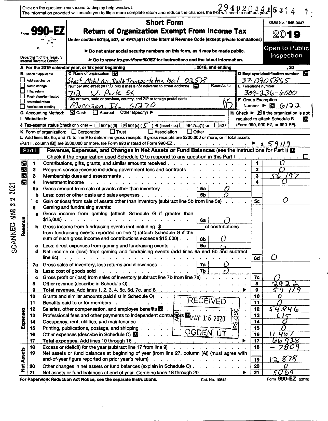 Image of first page of 2019 Form 990EO for Smart Union - 258 TD