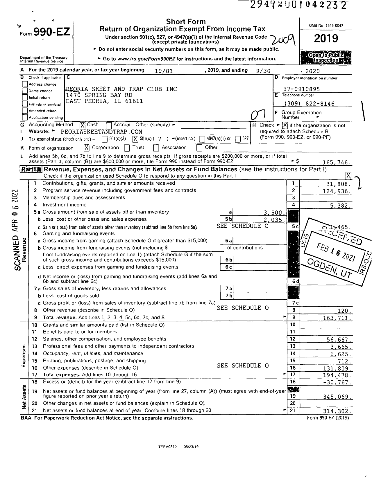 Image of first page of 2019 Form 990EO for Peoria Skeet and Trap Club