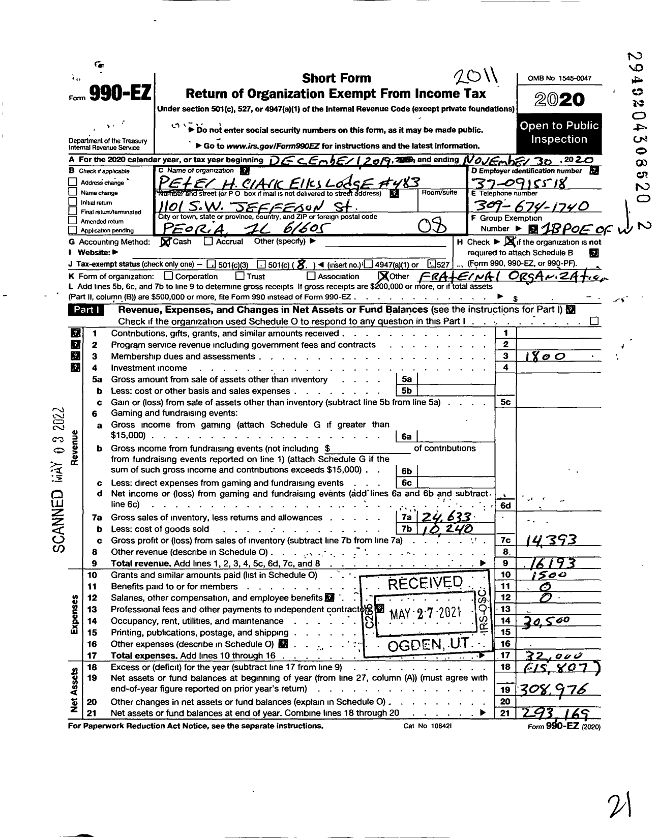 Image of first page of 2019 Form 990EO for Improved Benevolent and Protective Order of Elks of the World - 483 Peter H Clark Lodge