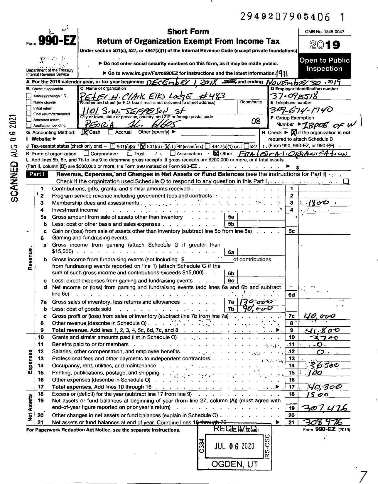 Image of first page of 2018 Form 990EO for Improved Benevolent and Protective Order of Elks of the World - 483 Peter H Clark Lodge