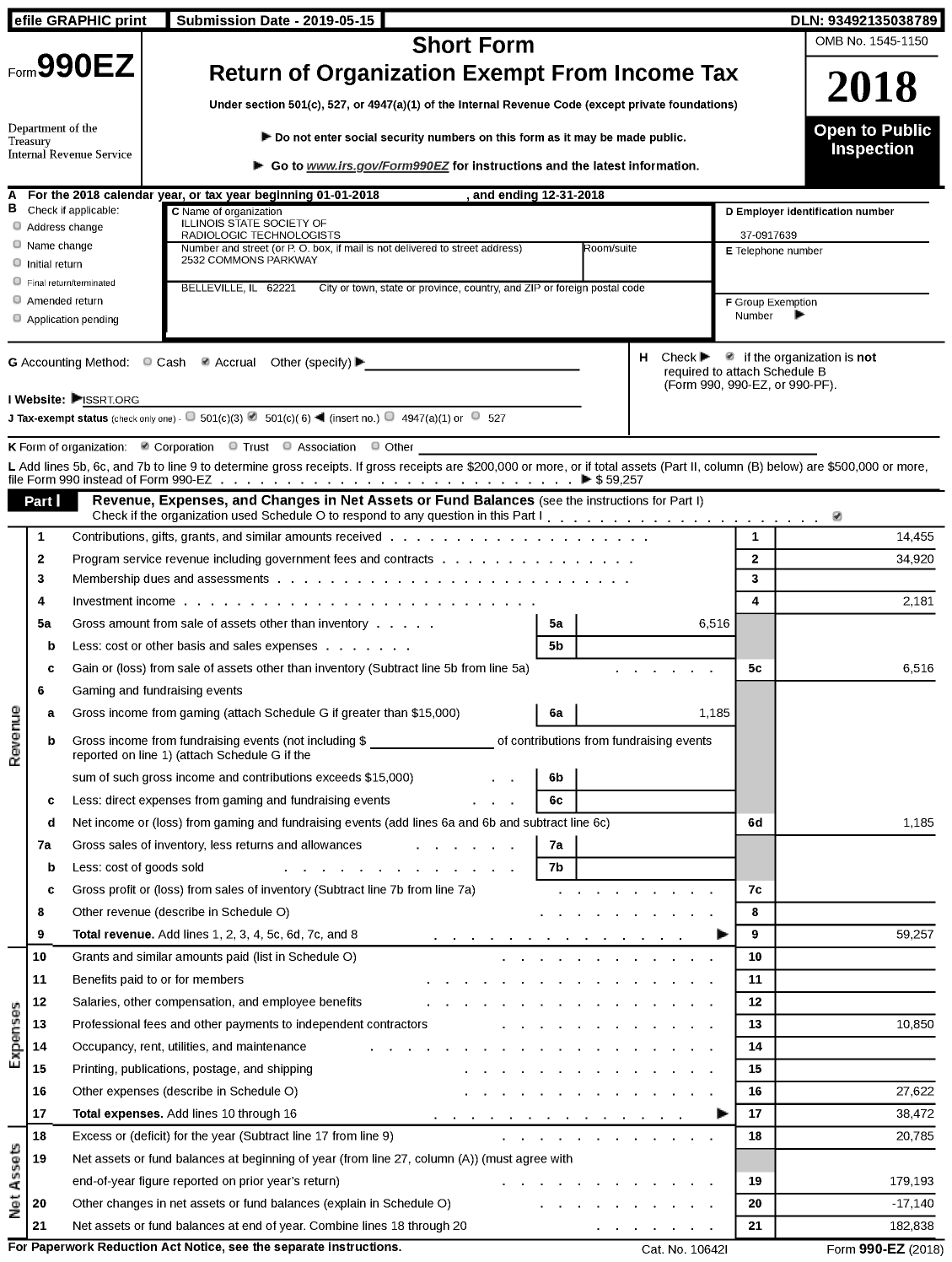 Image of first page of 2018 Form 990EZ for Illinois State Society of Radiologic Technologists