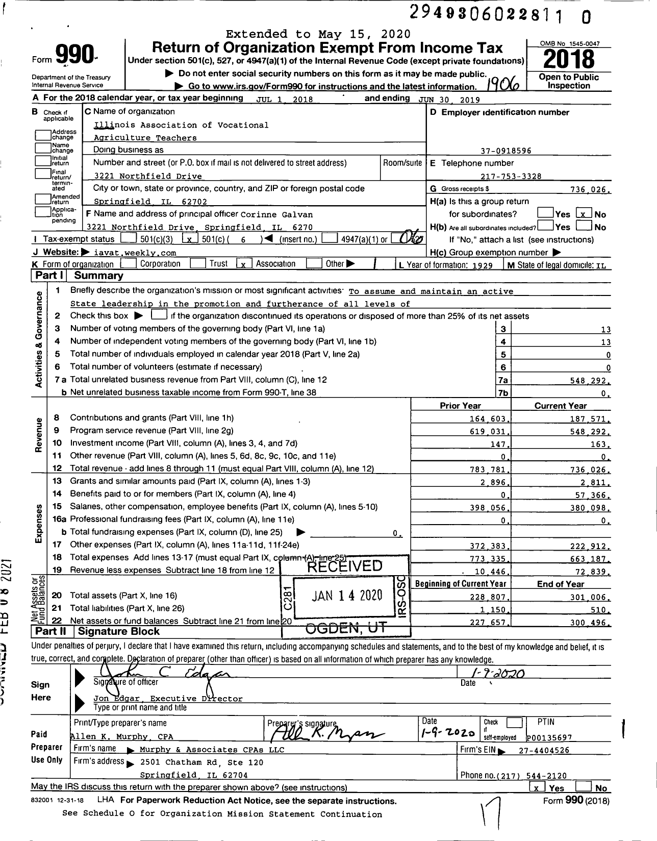 Image of first page of 2018 Form 990O for Illinois Association of Vocational Agriculture Teachers