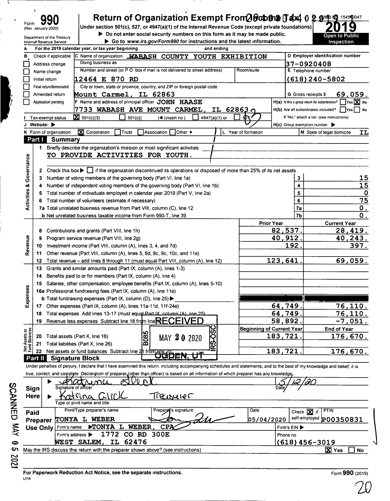 Image of first page of 2019 Form 990 for Wabash County Youth Exhibition