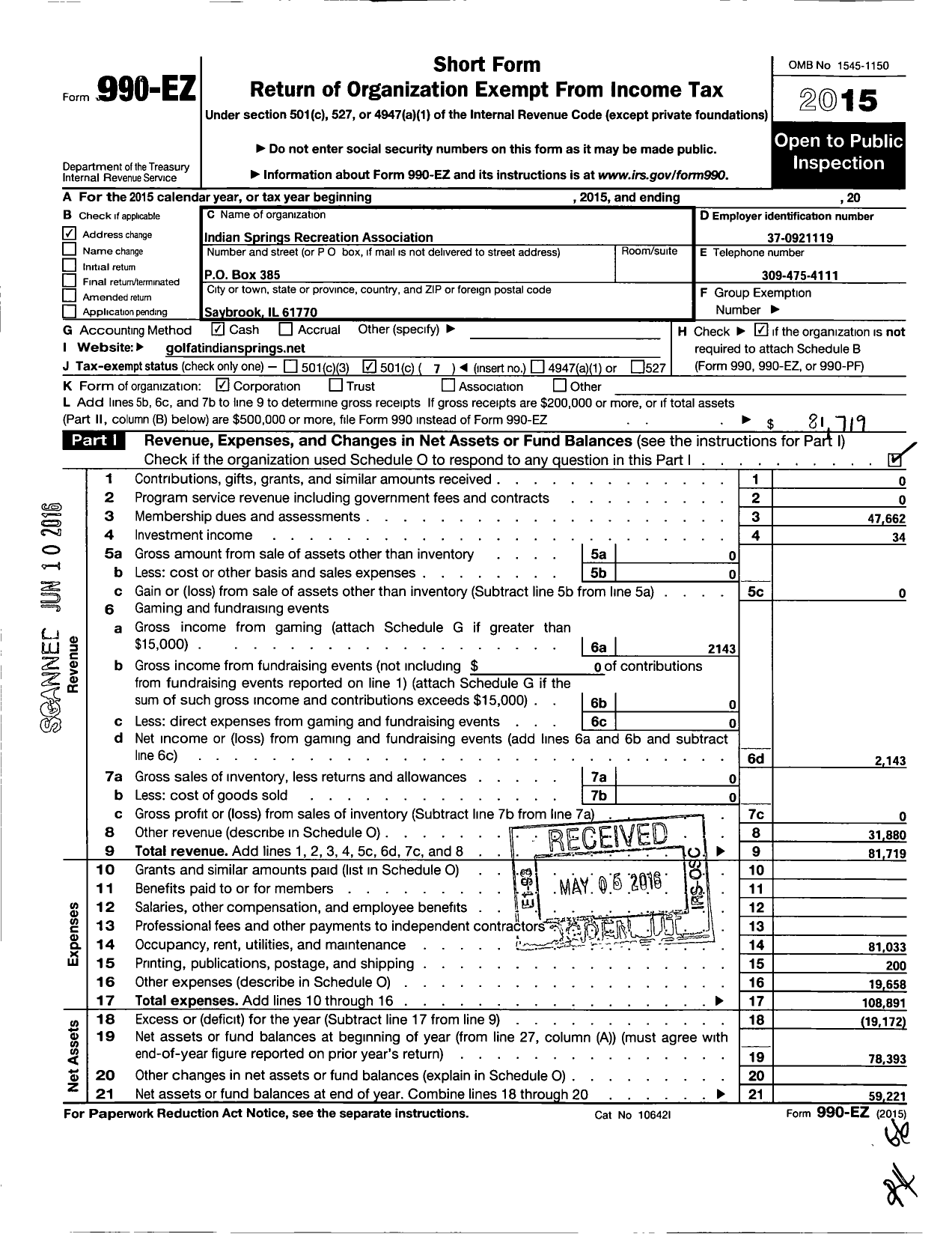 Image of first page of 2015 Form 990EO for Indian Springs Recreation Association