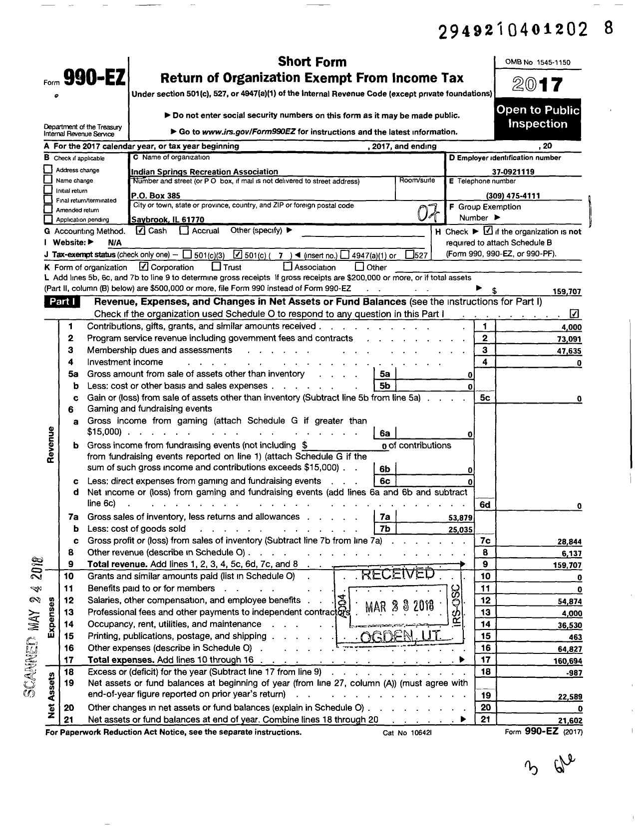 Image of first page of 2017 Form 990EO for Indian Springs Recreation Association