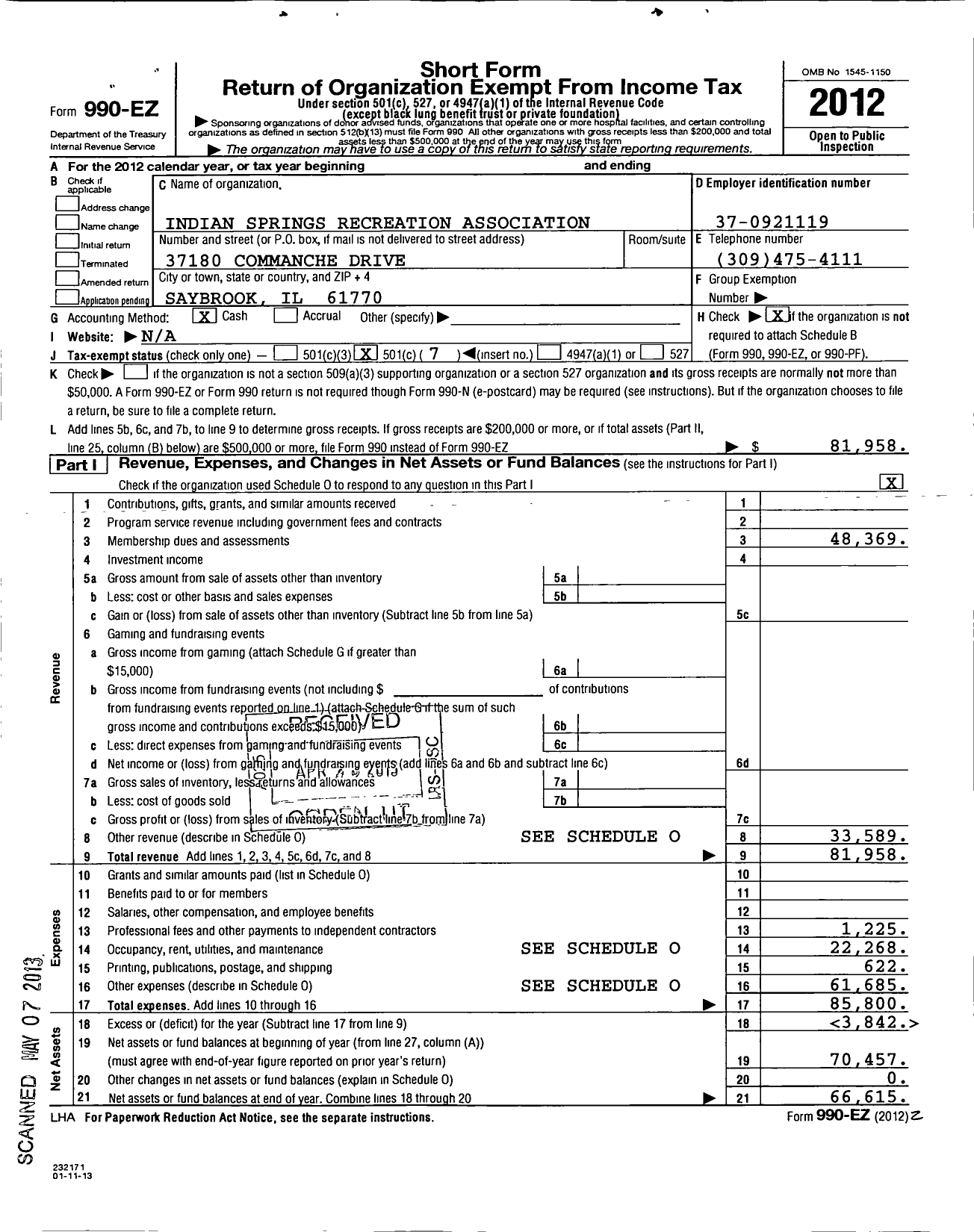 Image of first page of 2012 Form 990EO for Indian Springs Recreation Association