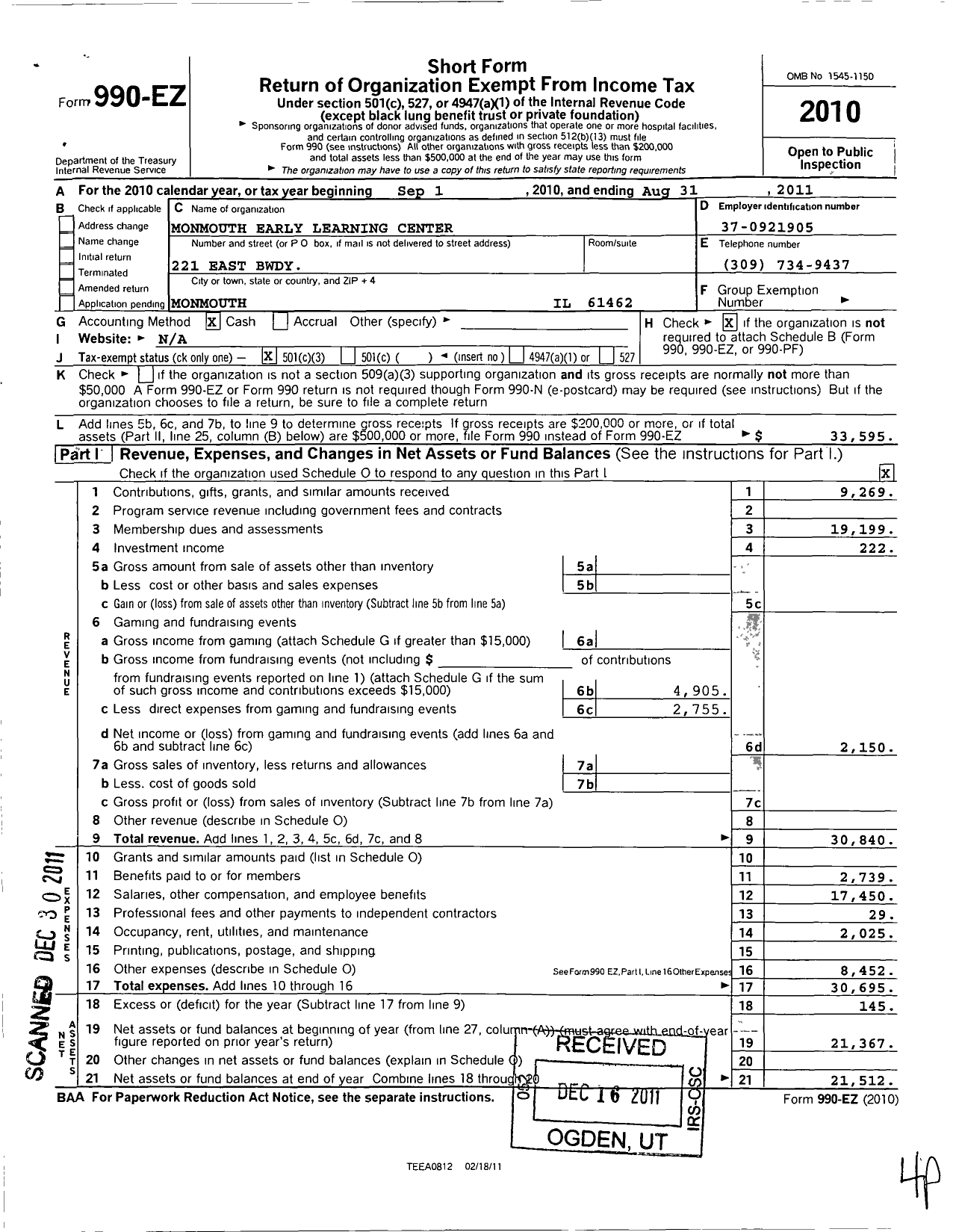 Image of first page of 2010 Form 990EZ for Monmouth Early Learning Center