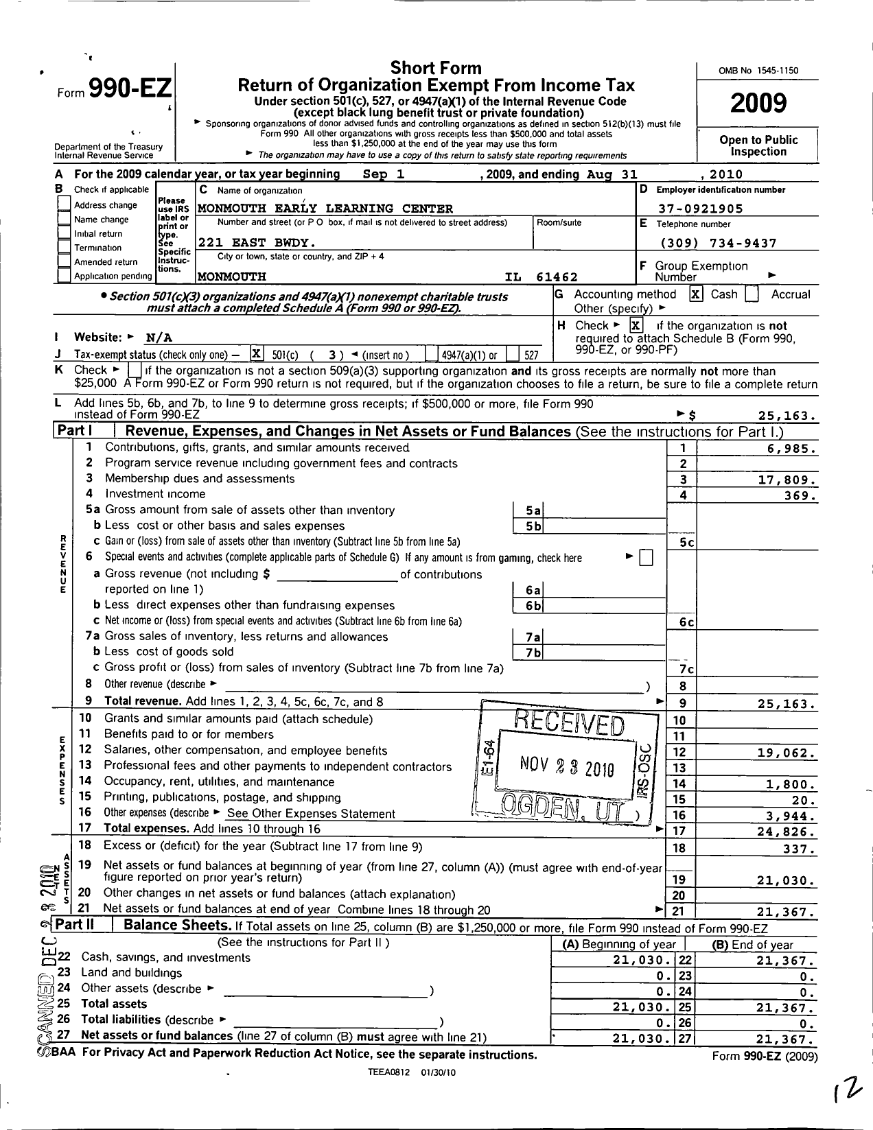 Image of first page of 2009 Form 990EZ for Monmouth Early Learning Center