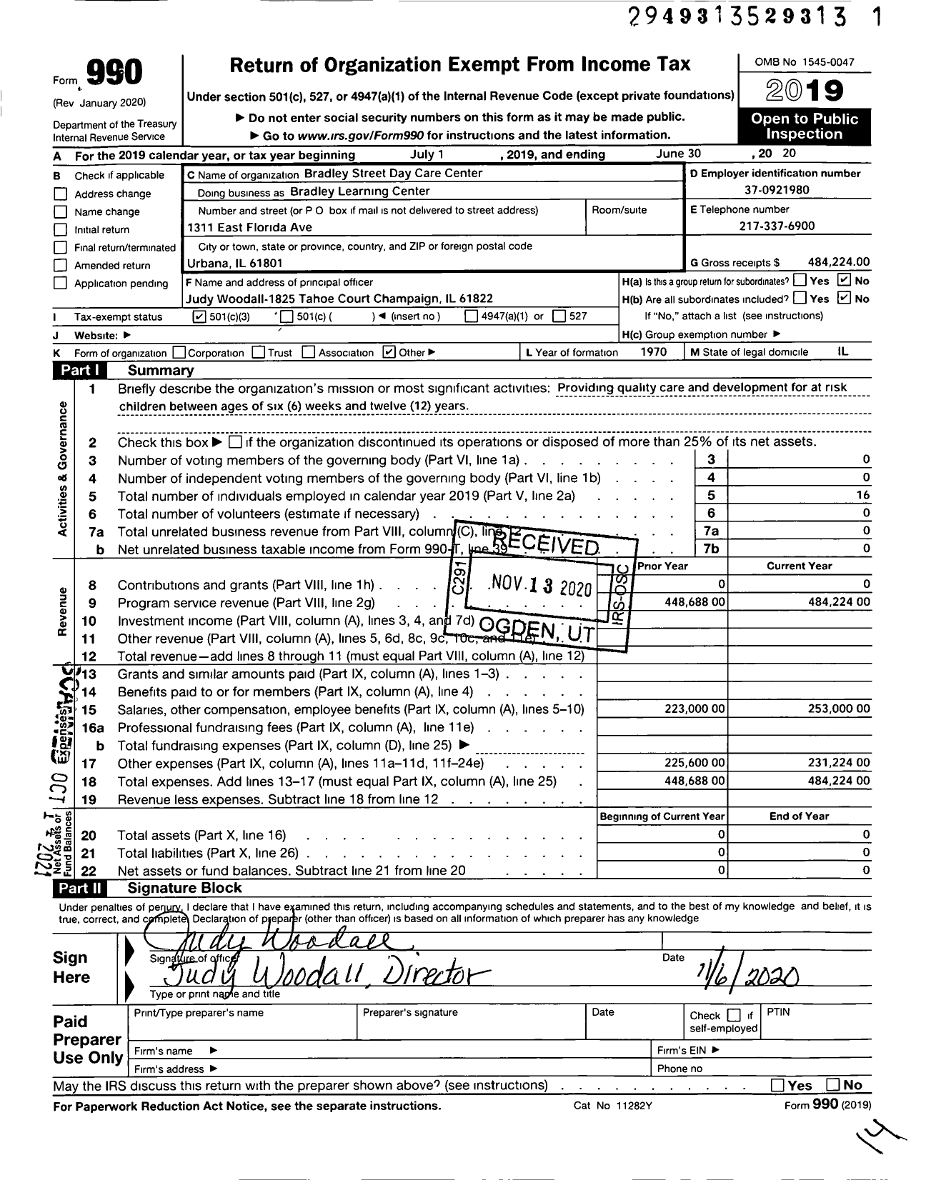 Image of first page of 2019 Form 990 for Bradley Learning Center