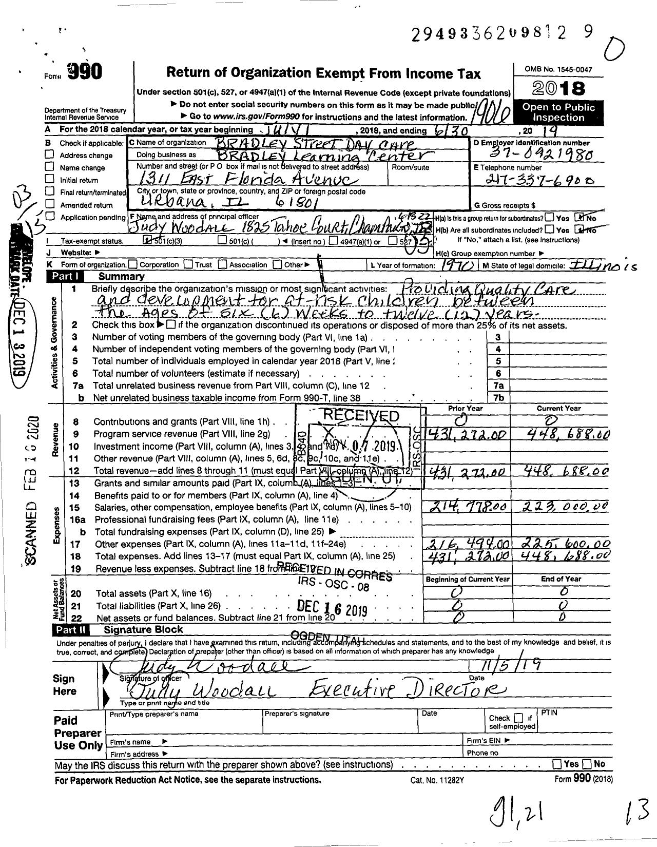 Image of first page of 2018 Form 990 for Bradley Learning Center