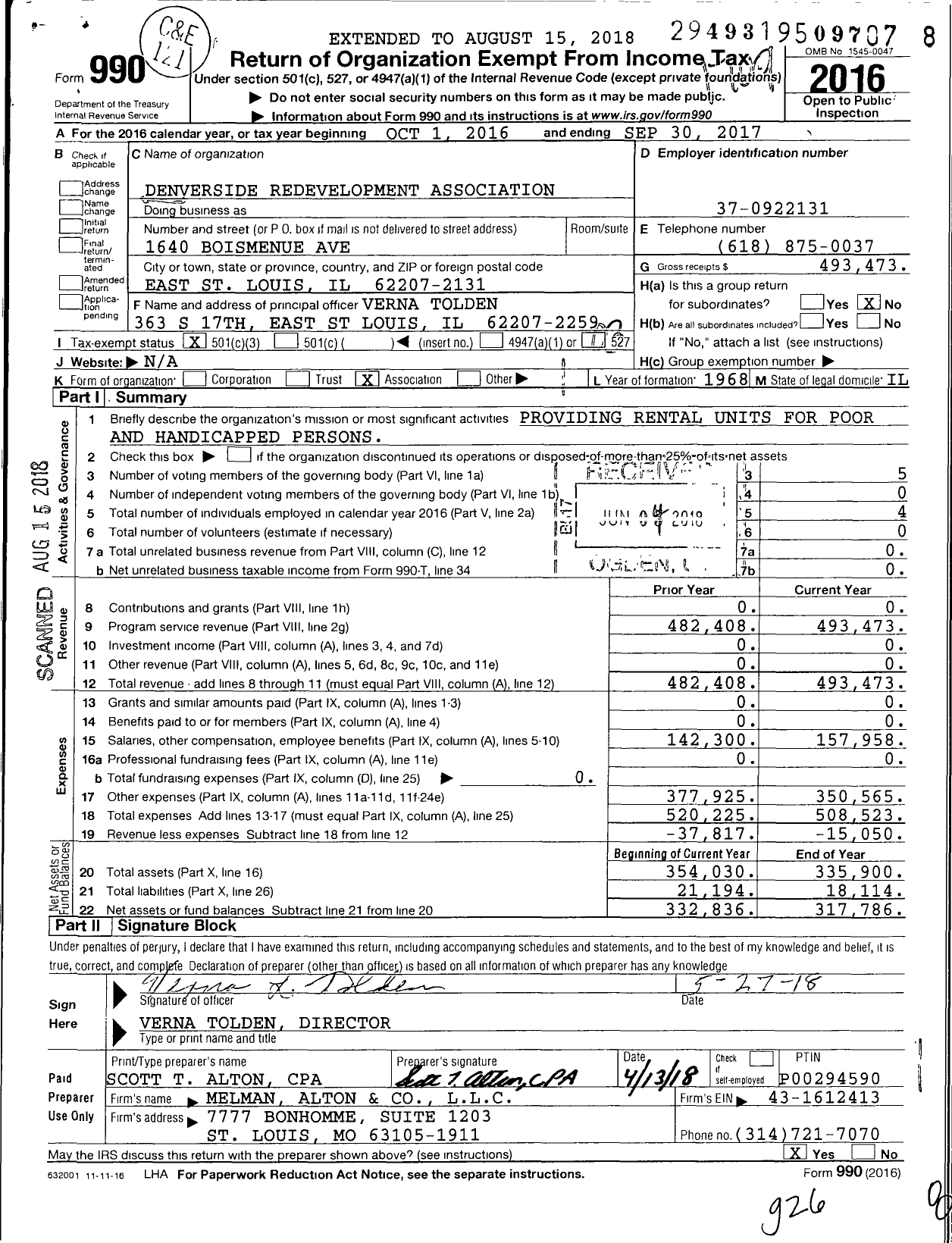 Image of first page of 2016 Form 990 for Denverside Redevelopment Association