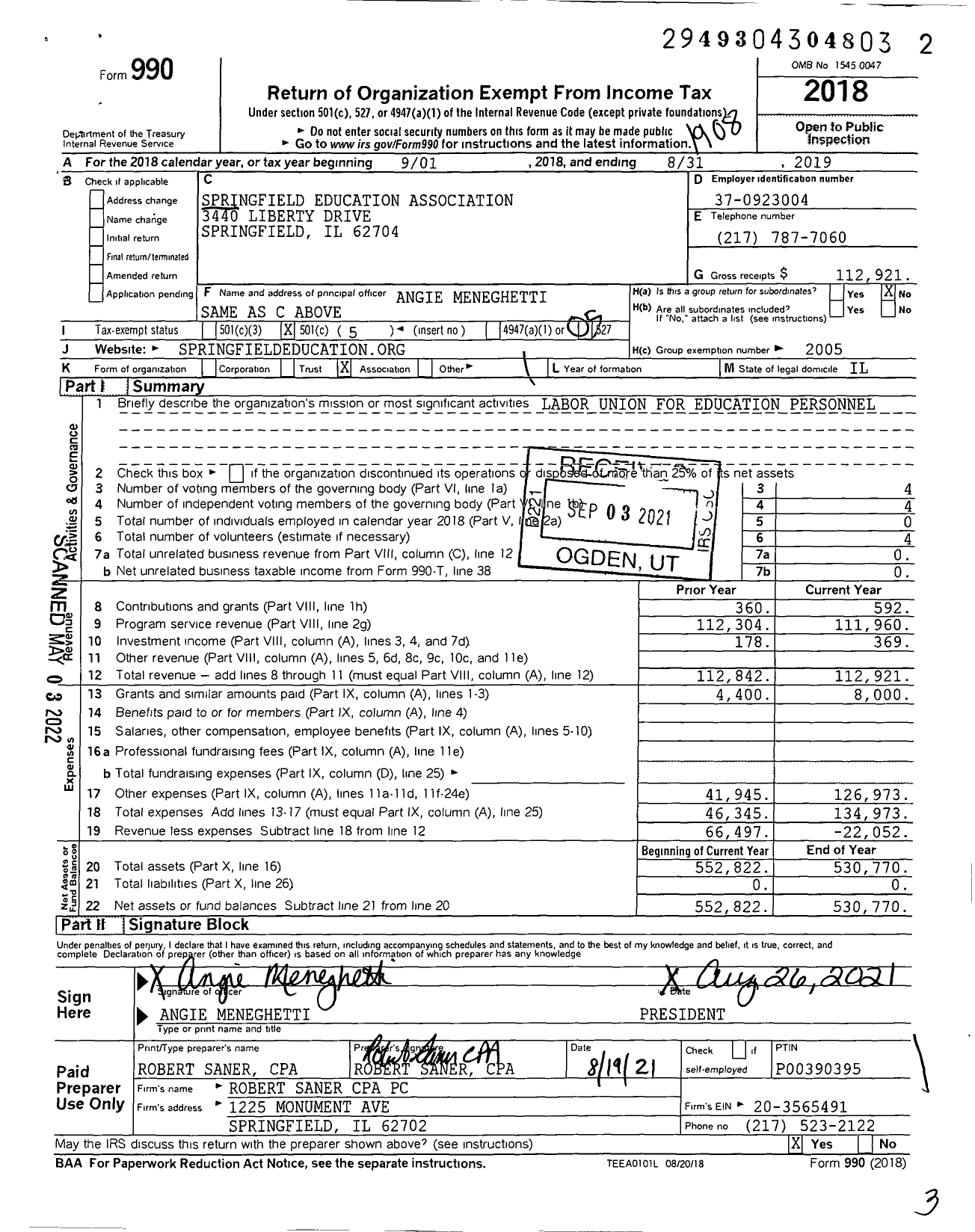 Image of first page of 2018 Form 990O for Illinois Education Association - Springfield Ea