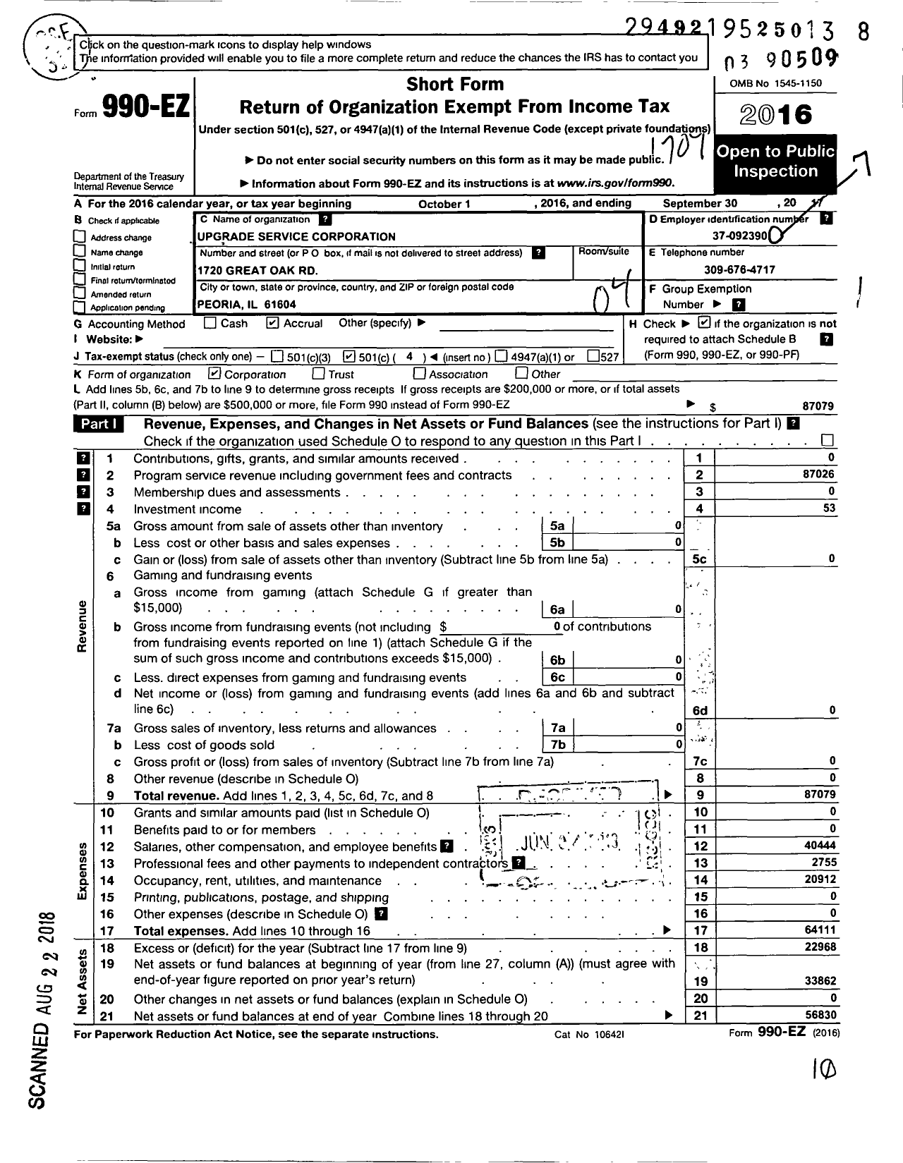 Image of first page of 2016 Form 990EO for Upgrade Service Corporation
