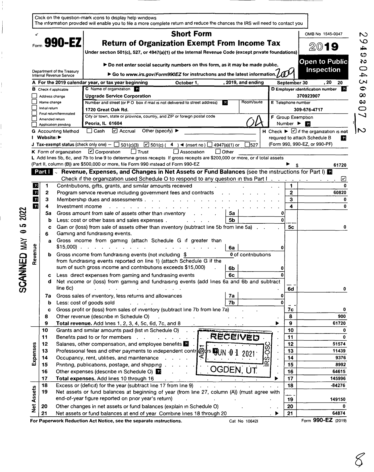 Image of first page of 2019 Form 990EO for Upgrade Service Corporation