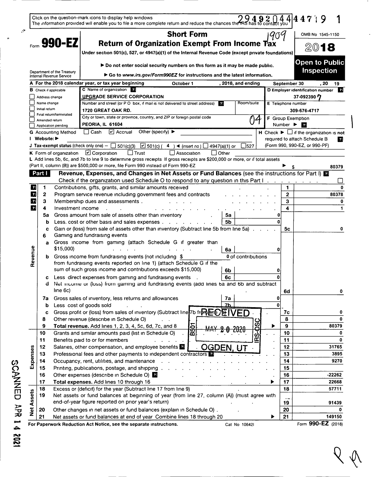 Image of first page of 2018 Form 990EO for Upgrade Service Corporation