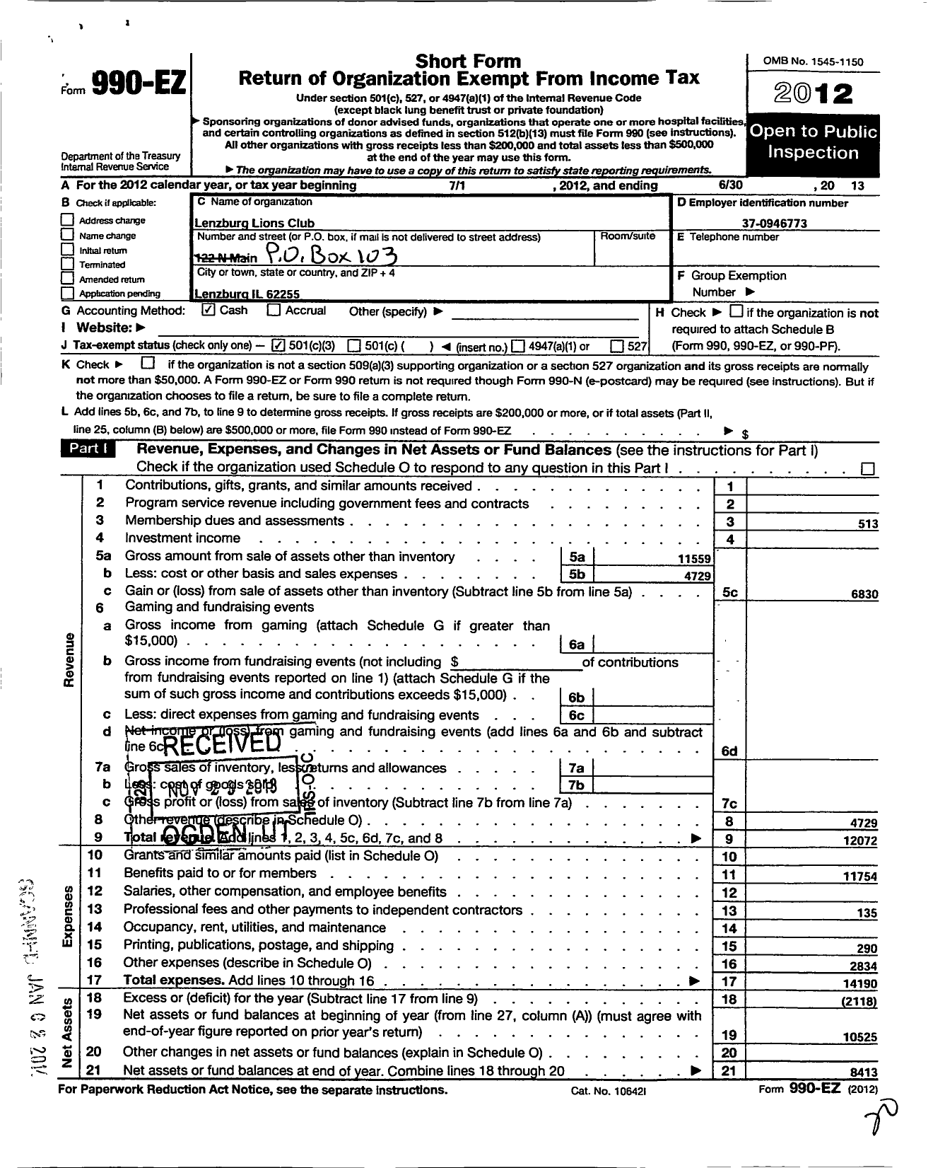 Image of first page of 2012 Form 990EZ for International Association of Lions Clubs