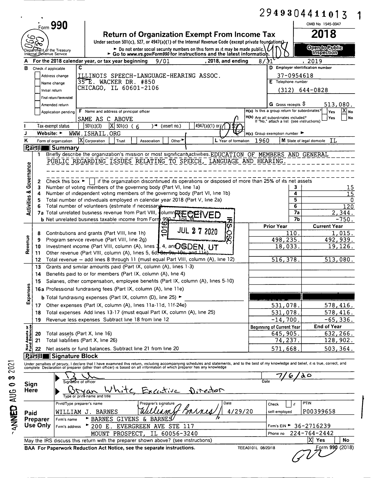 Image of first page of 2018 Form 990O for Illinois Speech-Language-Hearing Association