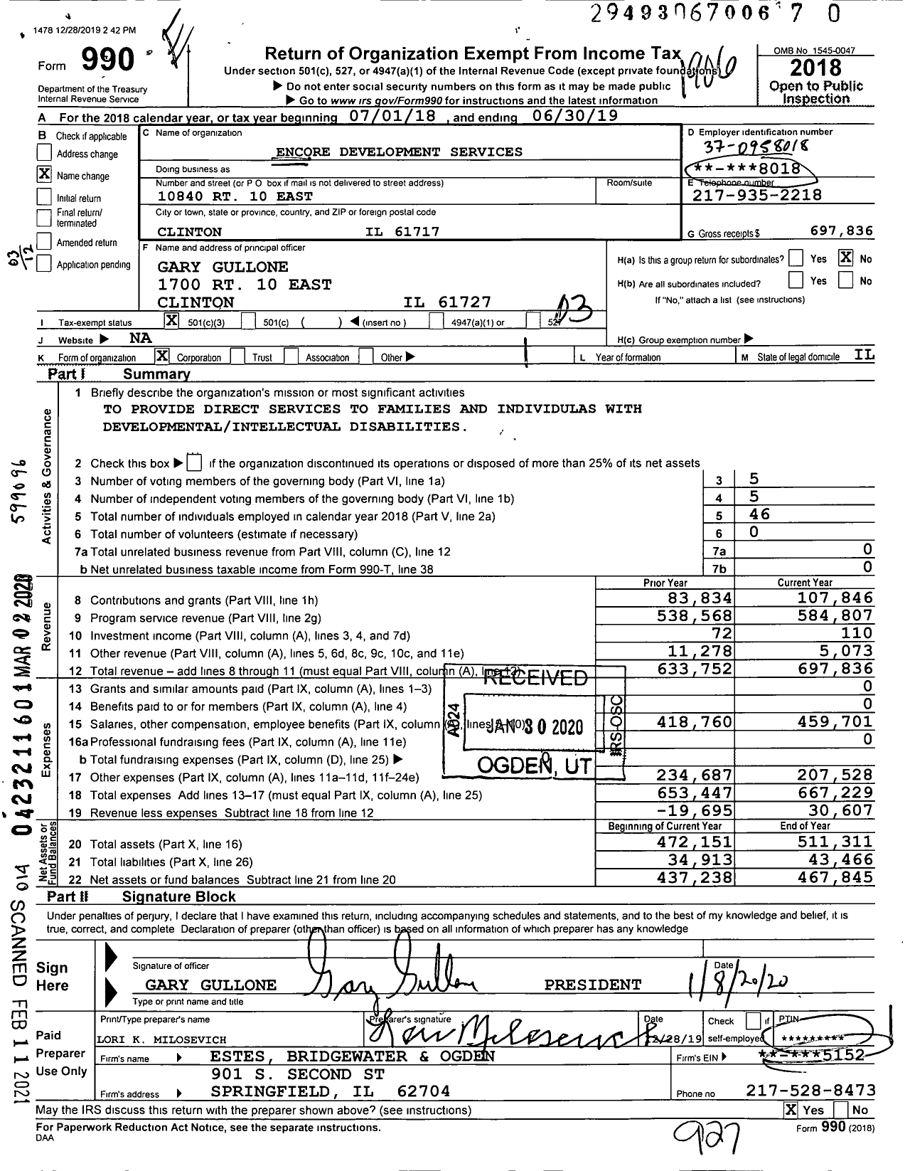 Image of first page of 2018 Form 990 for Encore Development Services