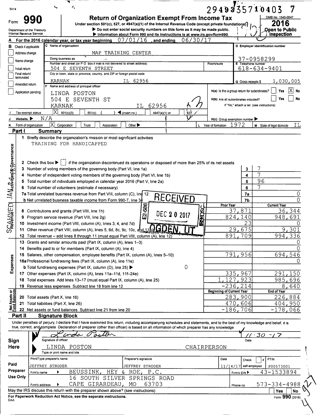 Image of first page of 2016 Form 990 for Map Training Center