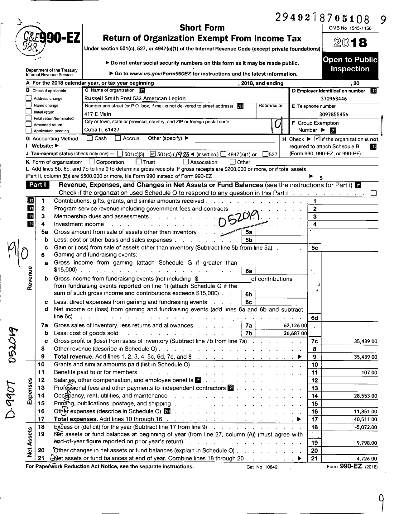 Image of first page of 2018 Form 990EO for American Legion - 533 Russell Smith Post