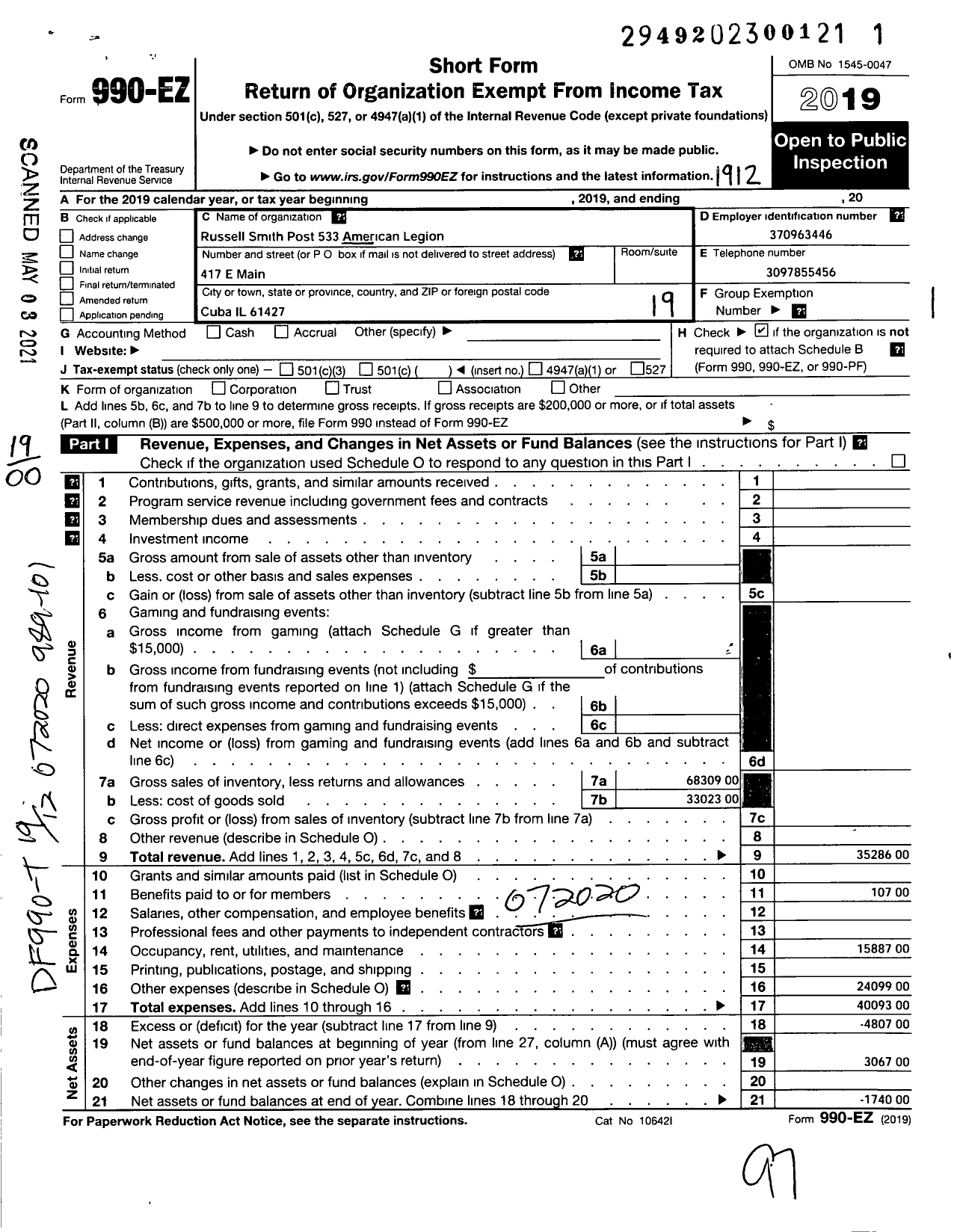 Image of first page of 2019 Form 990EO for American Legion - 533 Russell Smith Post