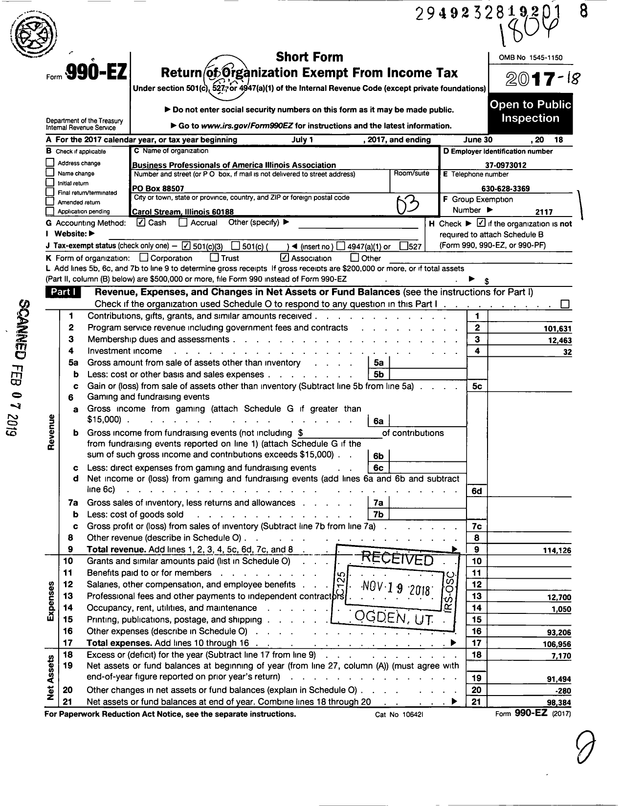 Image of first page of 2017 Form 990EZ for Business Professionals of America Illinois Association