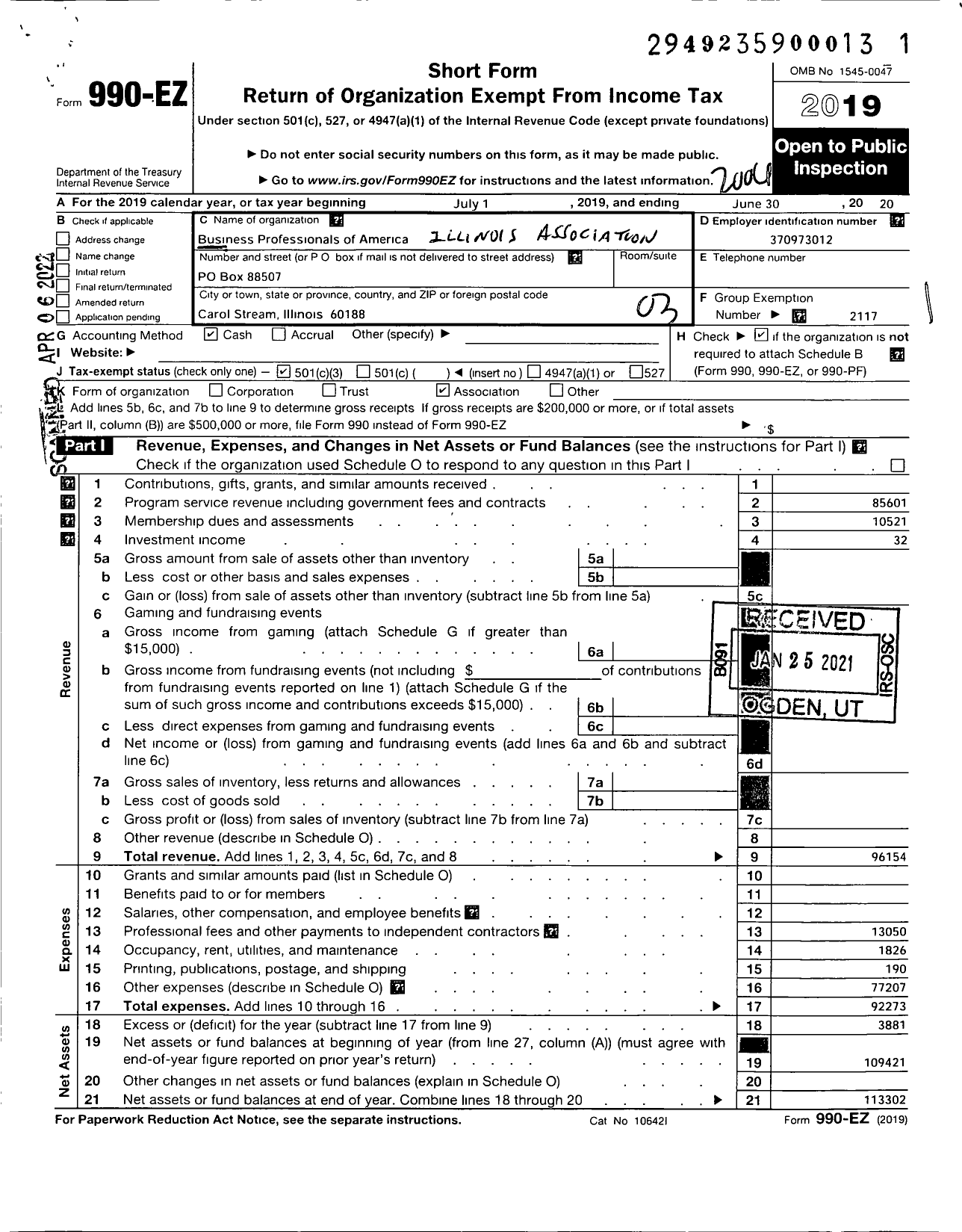 Image of first page of 2019 Form 990EZ for Business Professionals of America Illinois Association