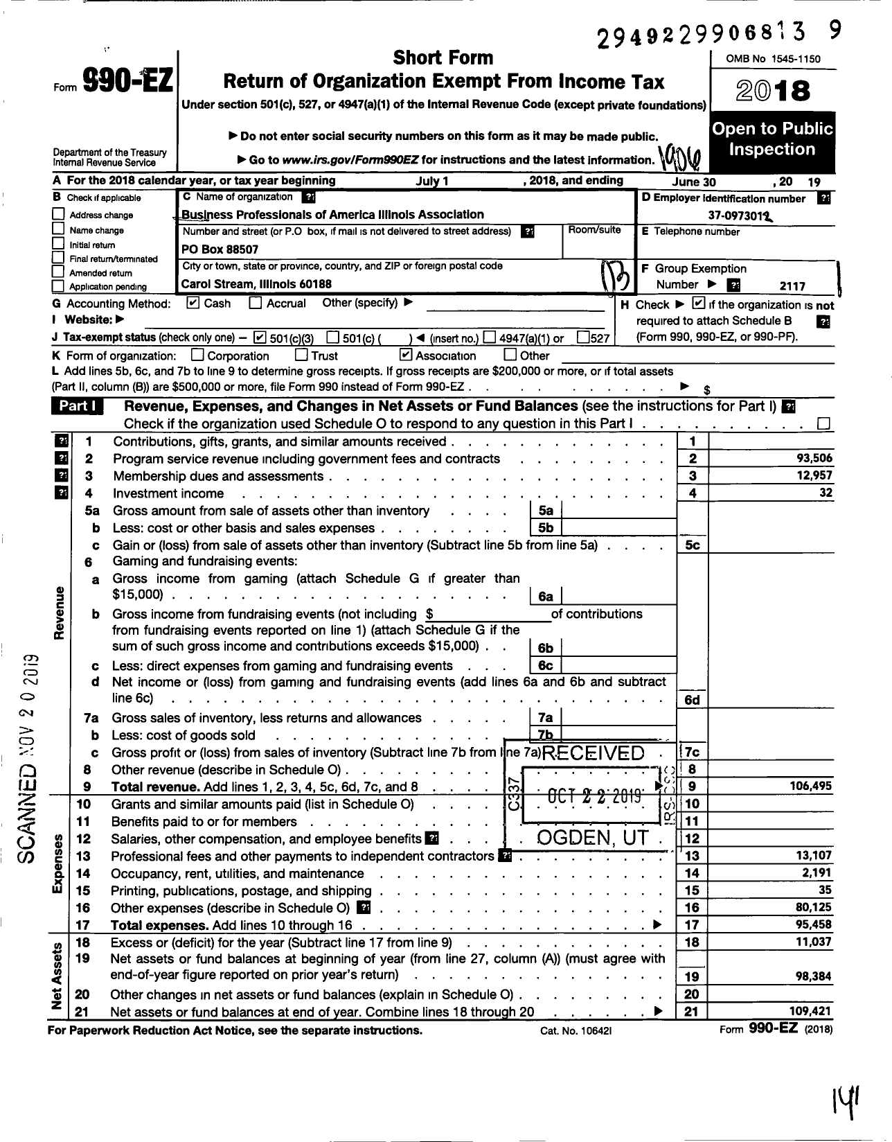 Image of first page of 2018 Form 990EZ for Business Professionals of America Illinois Association