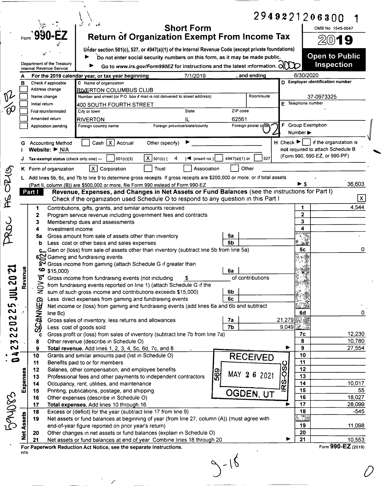 Image of first page of 2019 Form 990EO for Riverton Columbus Club