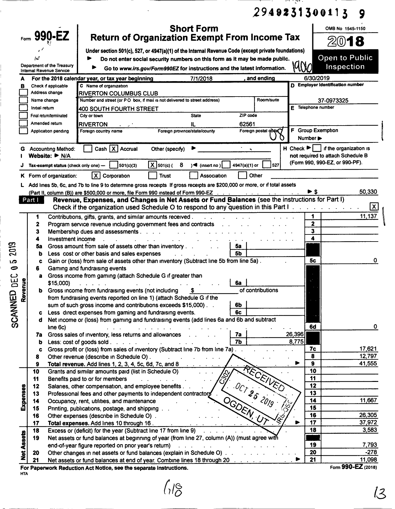 Image of first page of 2018 Form 990EO for Riverton Columbus Club