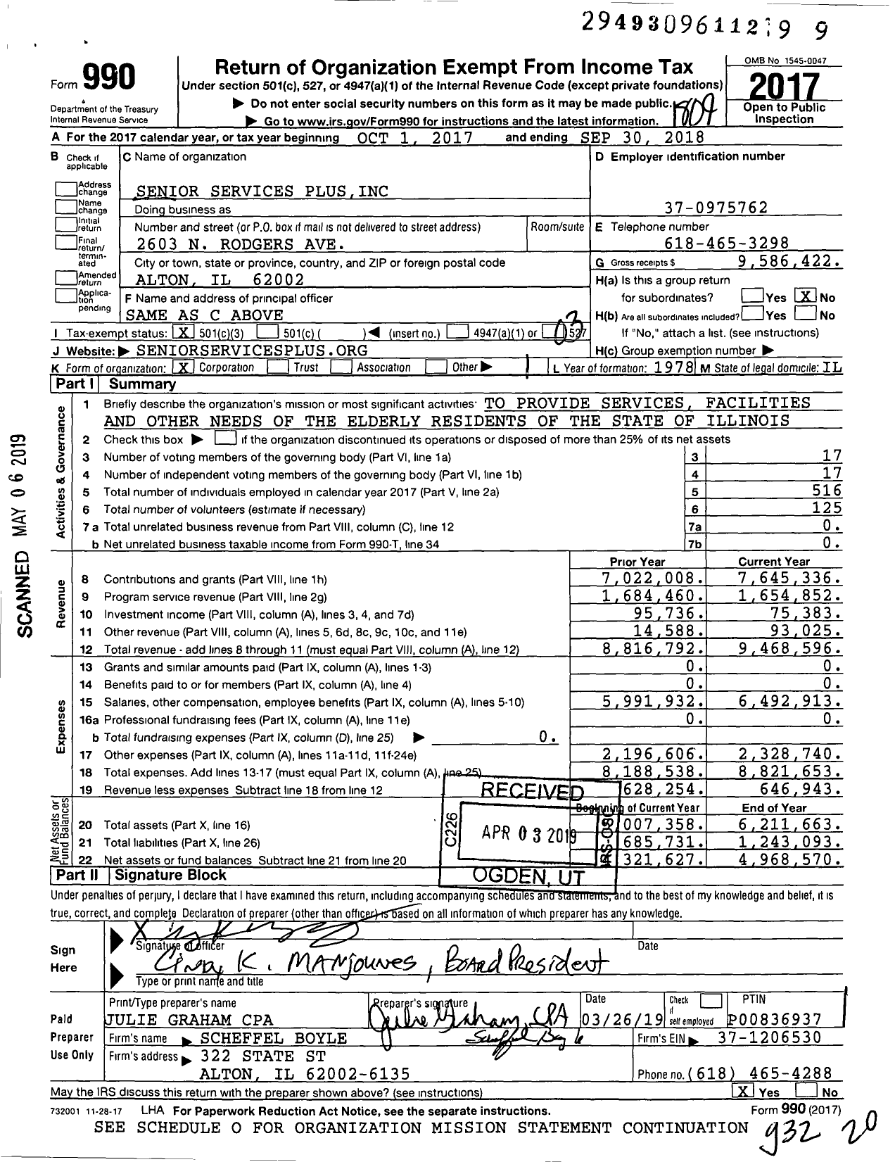 Image of first page of 2017 Form 990 for Senior Services Plus