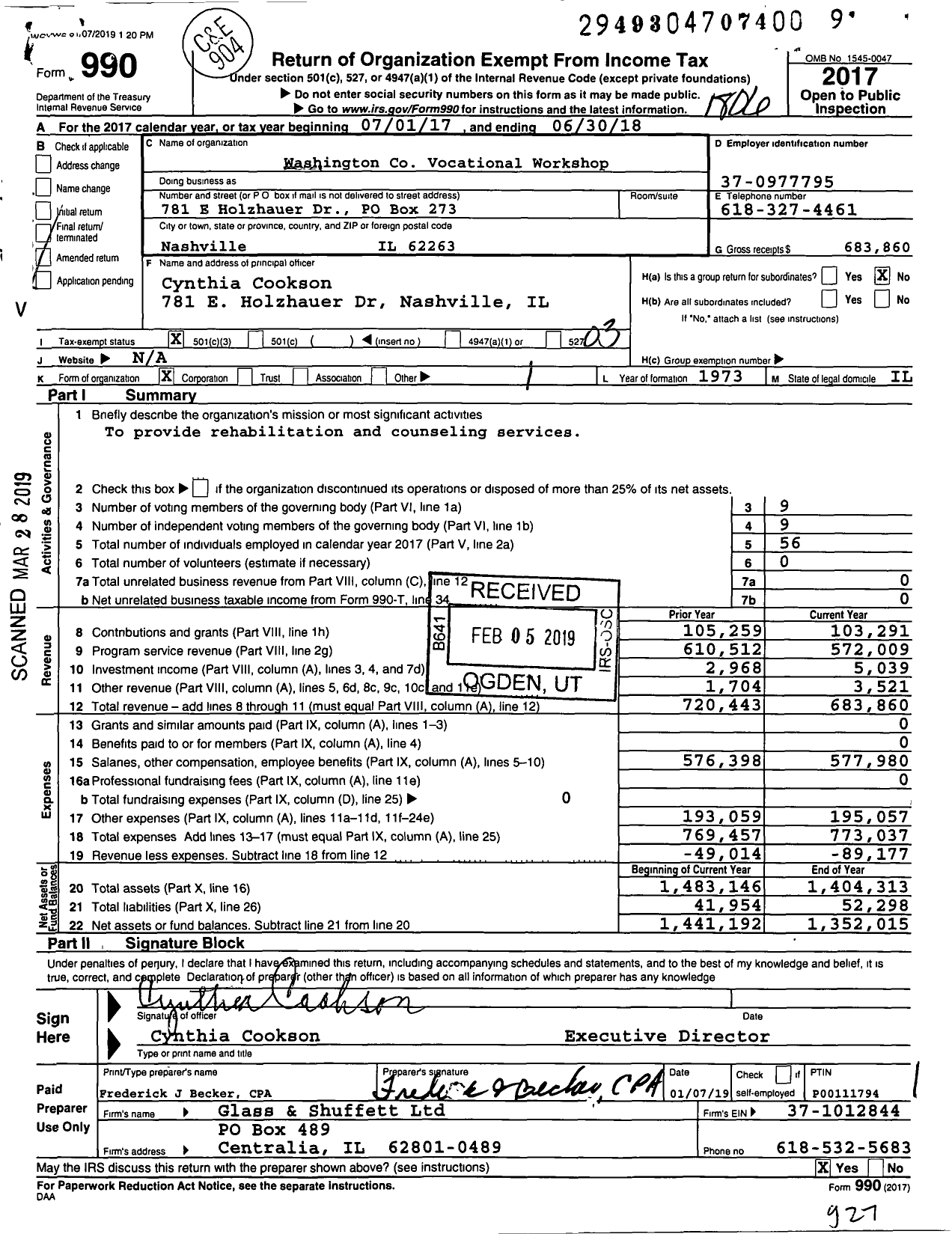 Image of first page of 2017 Form 990 for Washington Vocational Workshop