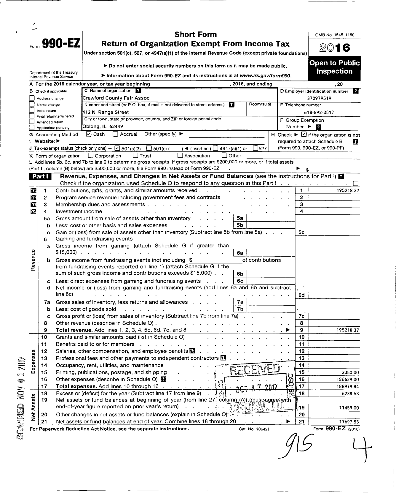 Image of first page of 2016 Form 990EZ for Crawford County Fair Assc