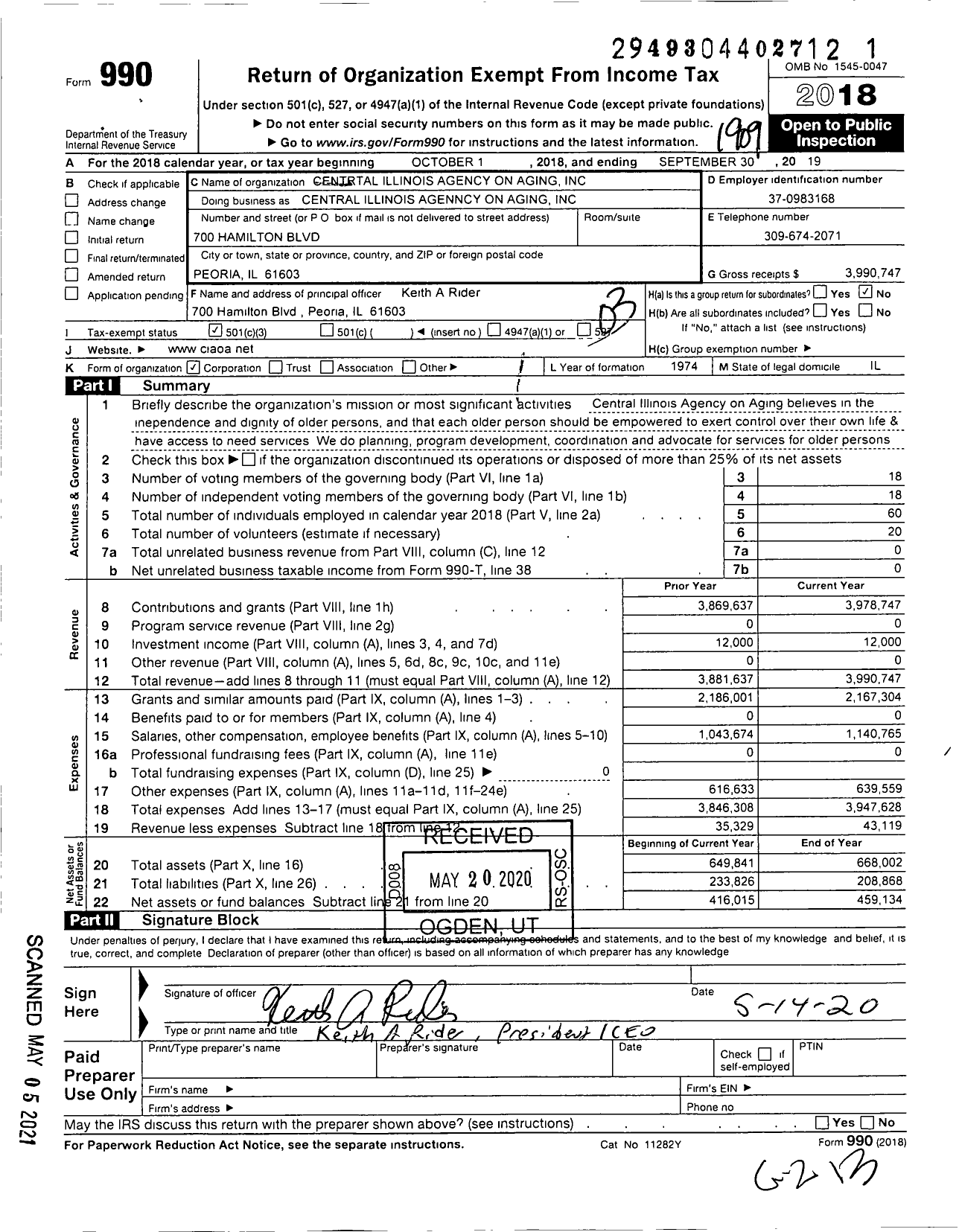 Image of first page of 2018 Form 990 for Central Illinois Agency on Aging