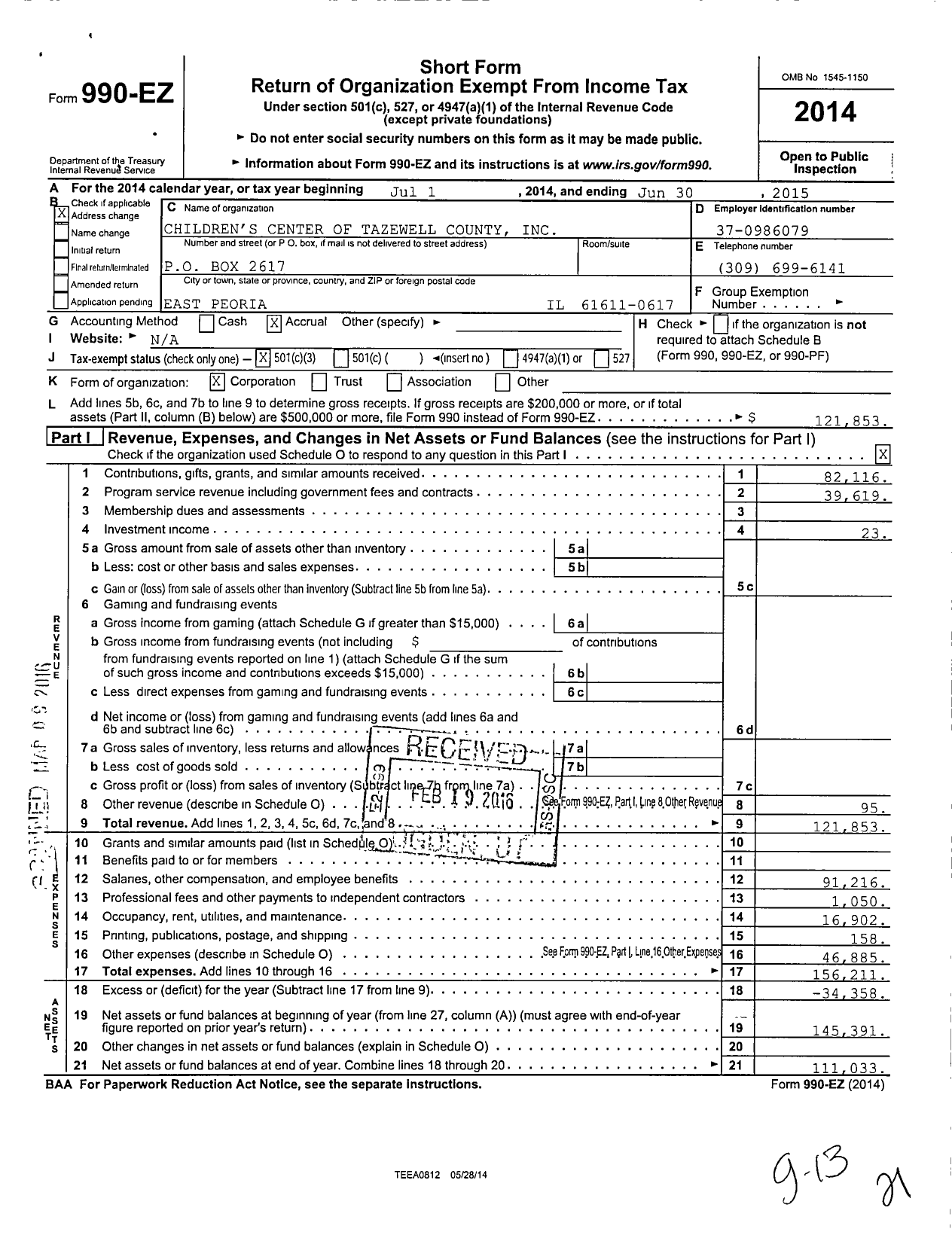 Image of first page of 2014 Form 990EZ for Children's Center of Tazewell County