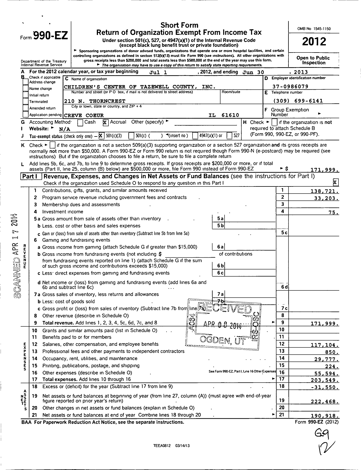 Image of first page of 2012 Form 990EZ for Children's Center of Tazewell County