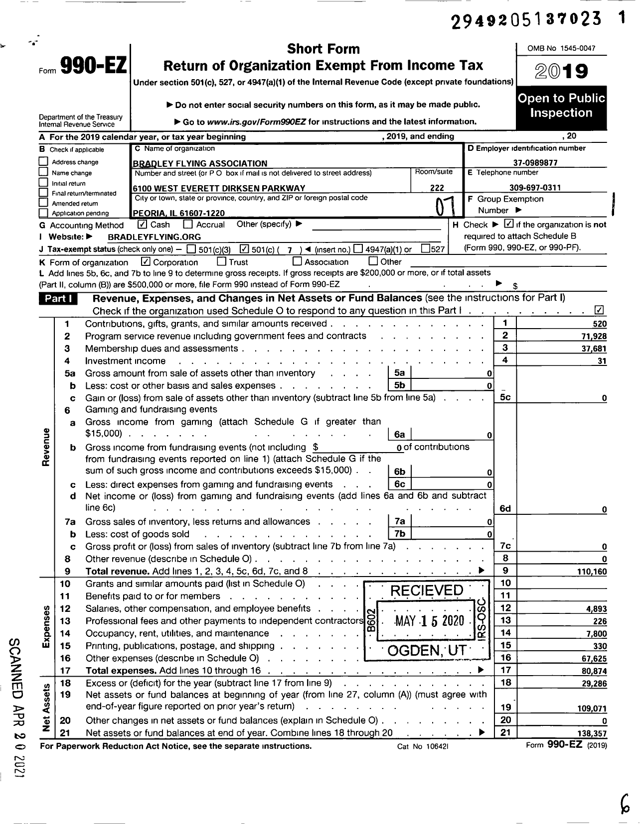 Image of first page of 2019 Form 990EO for BRADLEY FLYING ASSOCIAtiON