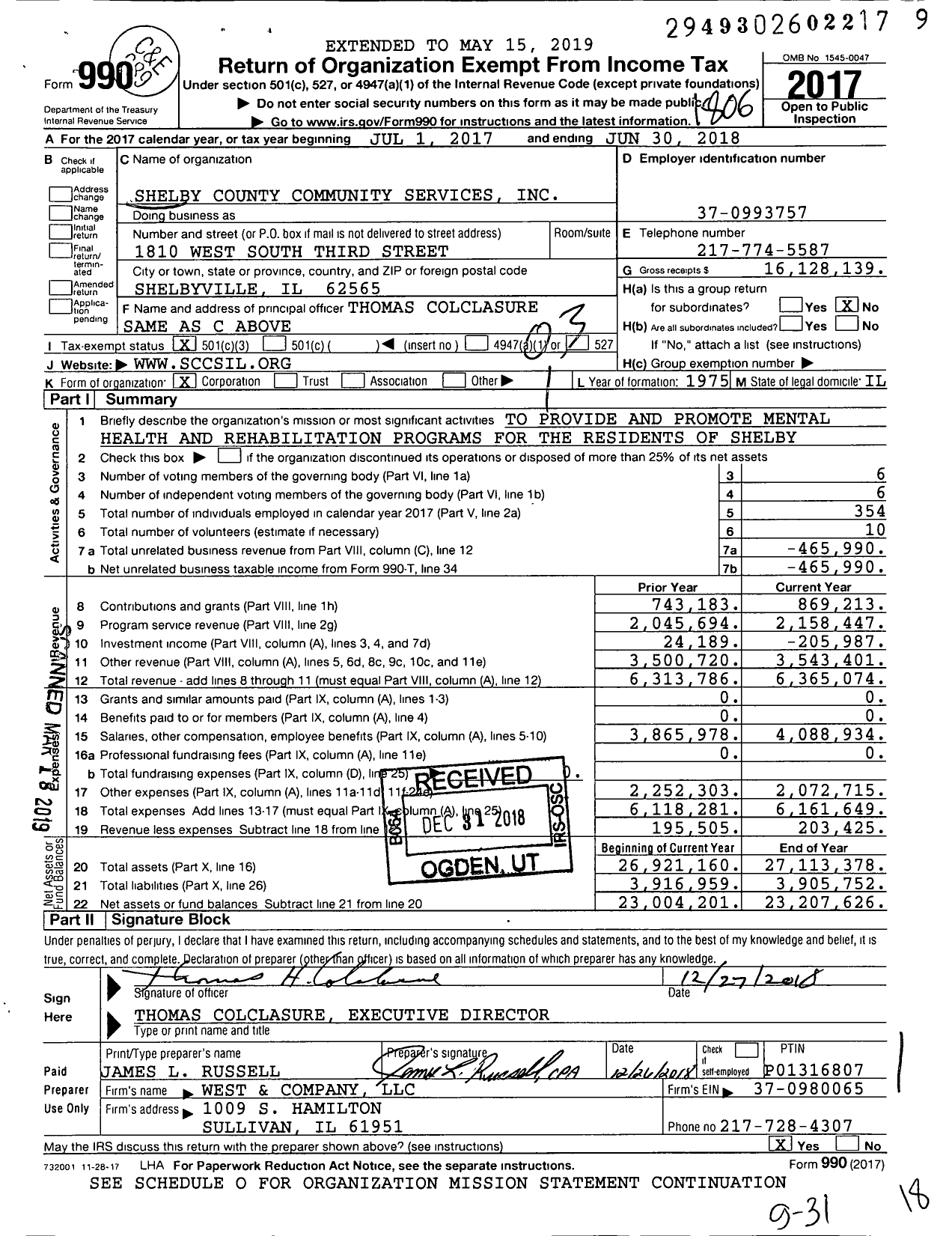 Image of first page of 2017 Form 990 for Shelby County Community Services (SCCS)