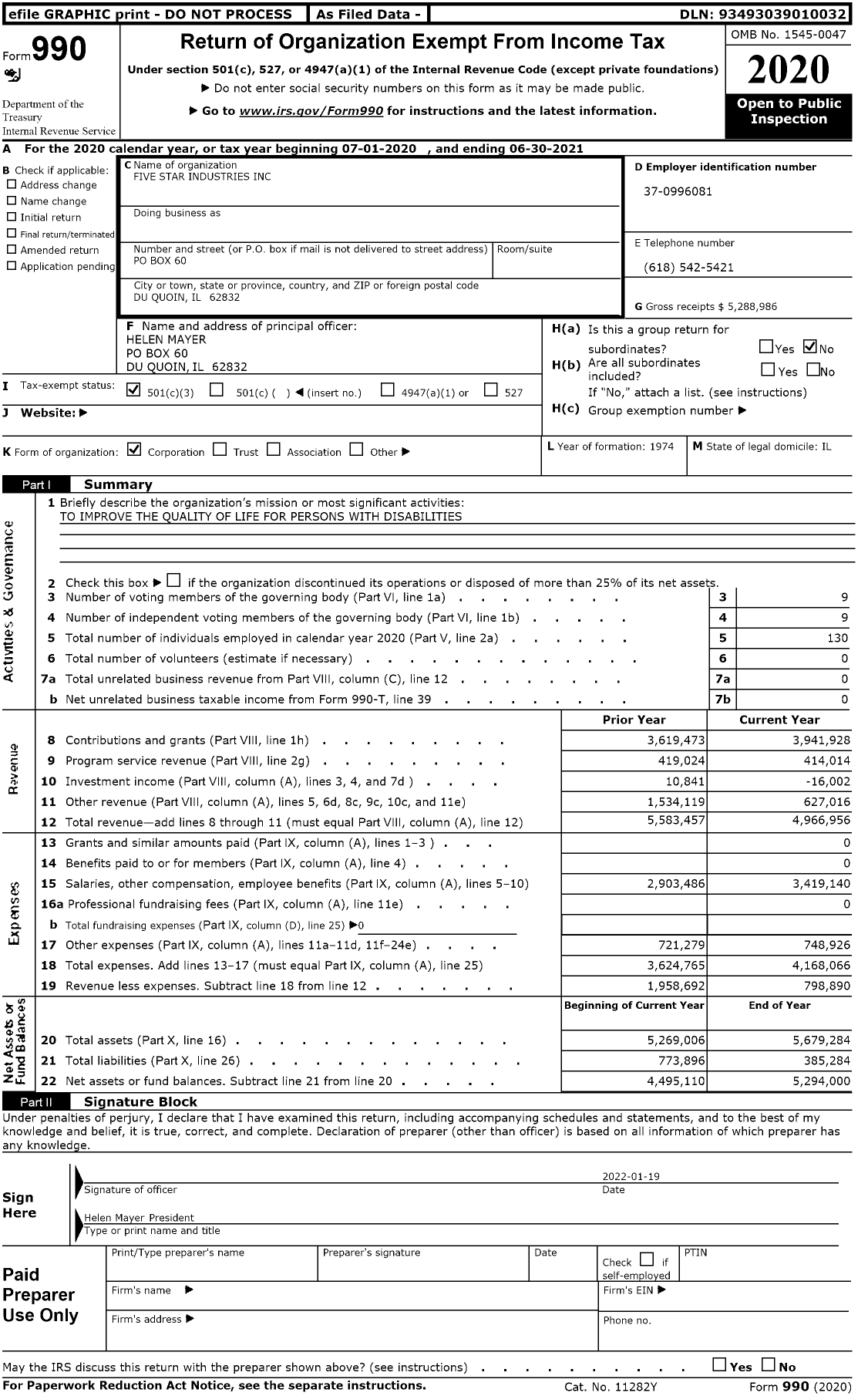 Image of first page of 2020 Form 990 for Five Star Industries