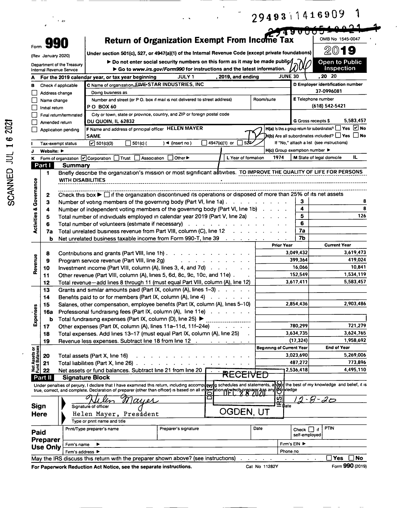 Image of first page of 2019 Form 990 for Five Star Industries