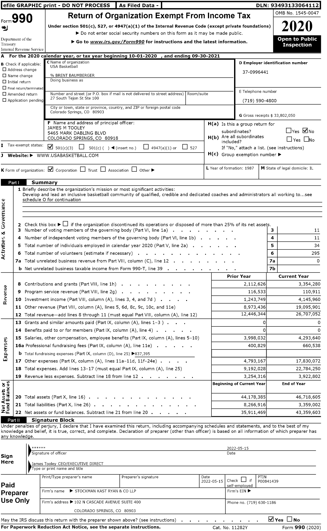 Image of first page of 2020 Form 990 for USA Basketball