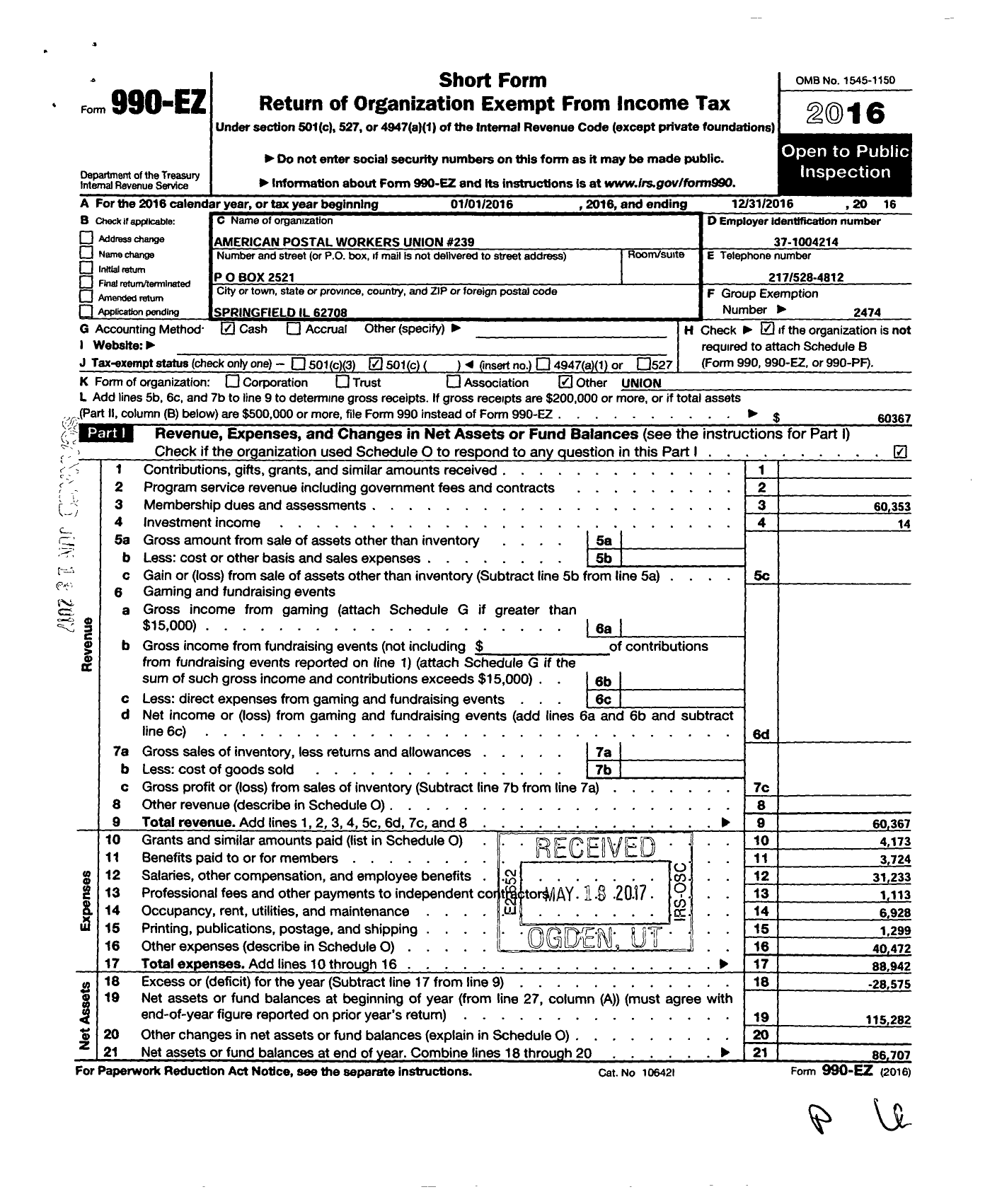 Image of first page of 2016 Form 990EO for American Postal Workers Union - 239 Lincoln Land Area Local