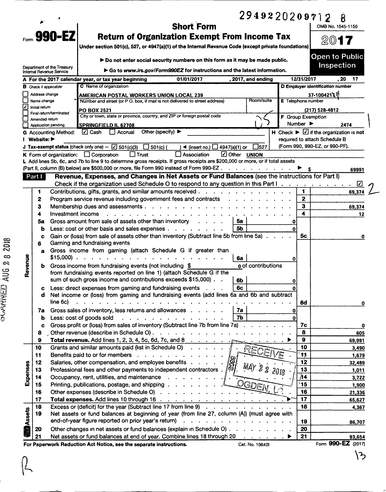 Image of first page of 2017 Form 990EO for American Postal Workers Union - 239 Lincoln Land Area Local