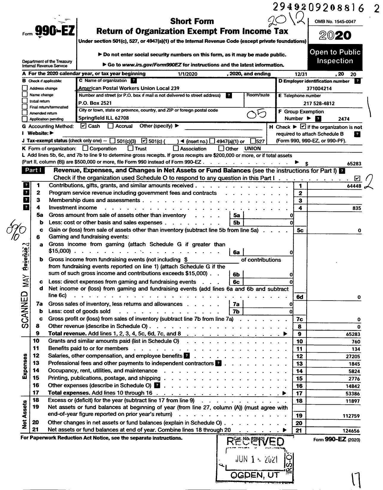 Image of first page of 2020 Form 990EO for American Postal Workers Union - 239 Lincoln Land Area Local