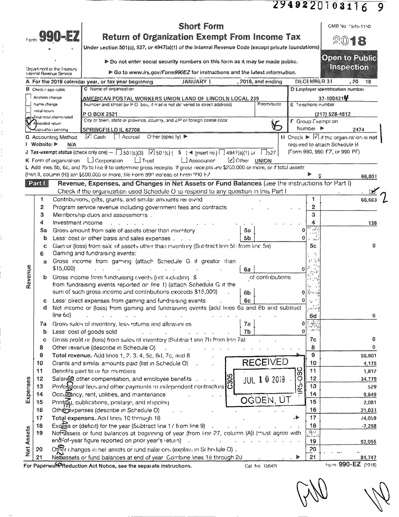 Image of first page of 2018 Form 990EO for American Postal Workers Union - 239 Lincoln Land Area Local